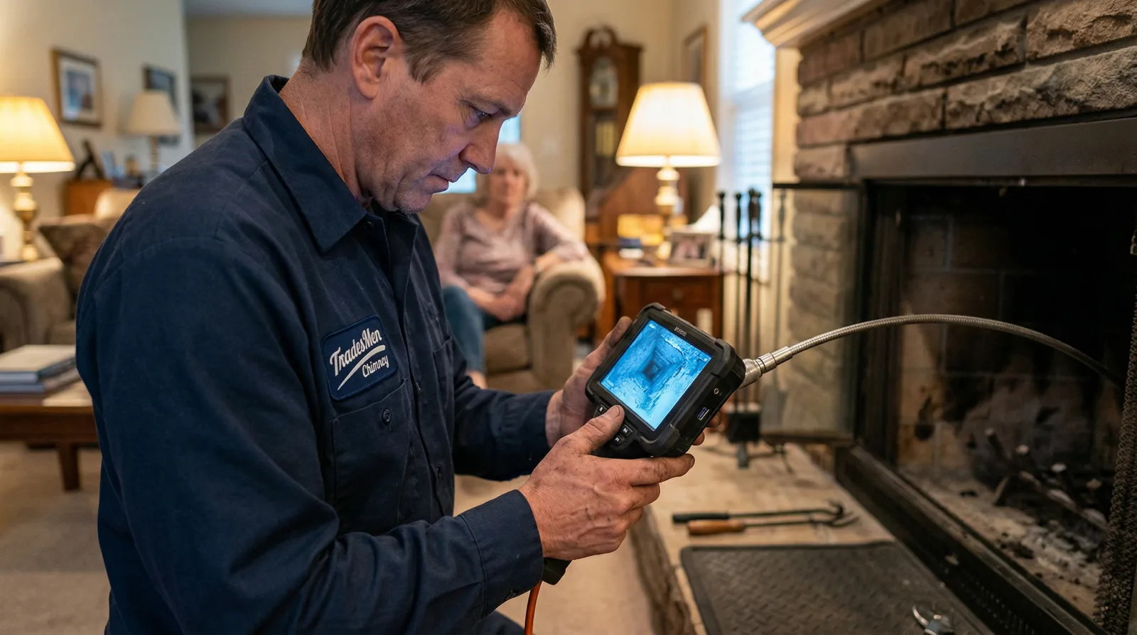 Certified chimney sweep performing a camera inspection of a masonry fireplace flue in a Tigard, Oregon living room