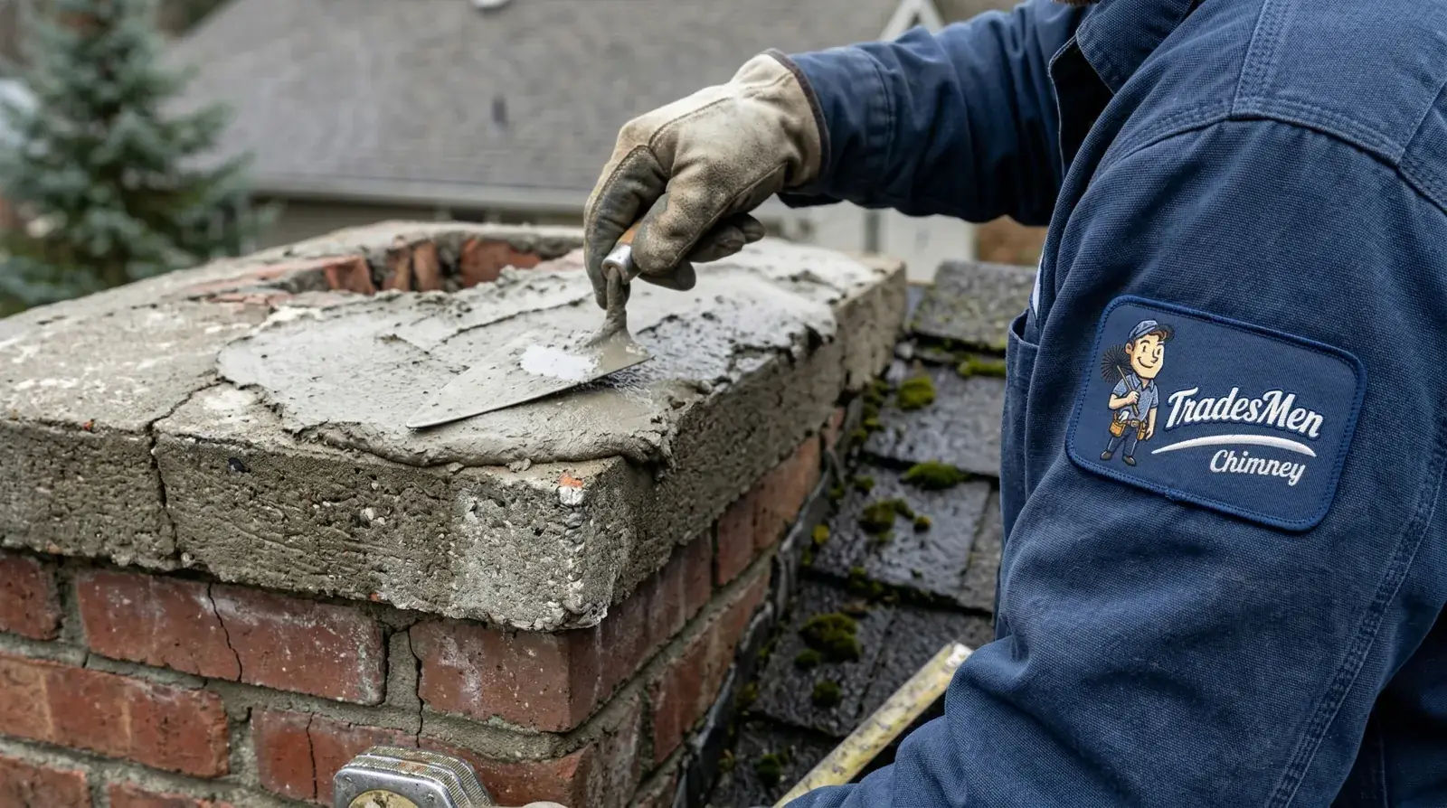 TradesMen Chimney technician repairing a cracked concrete chimney crown on a Tigard, OR home with fresh mortar and trowel