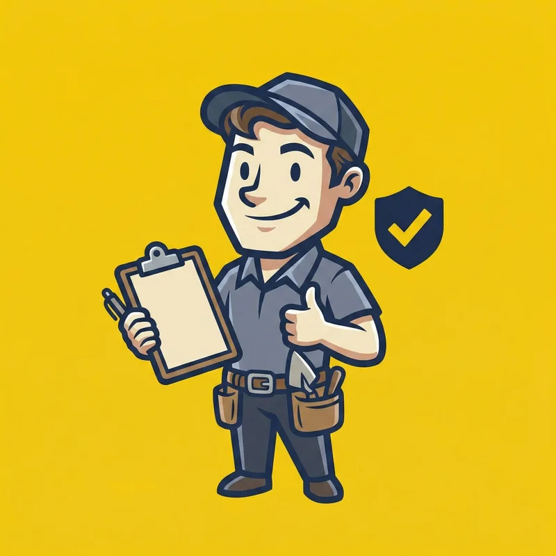 TradesMen Chimney mascot holding a clipboard with a thumbs up and certification badge