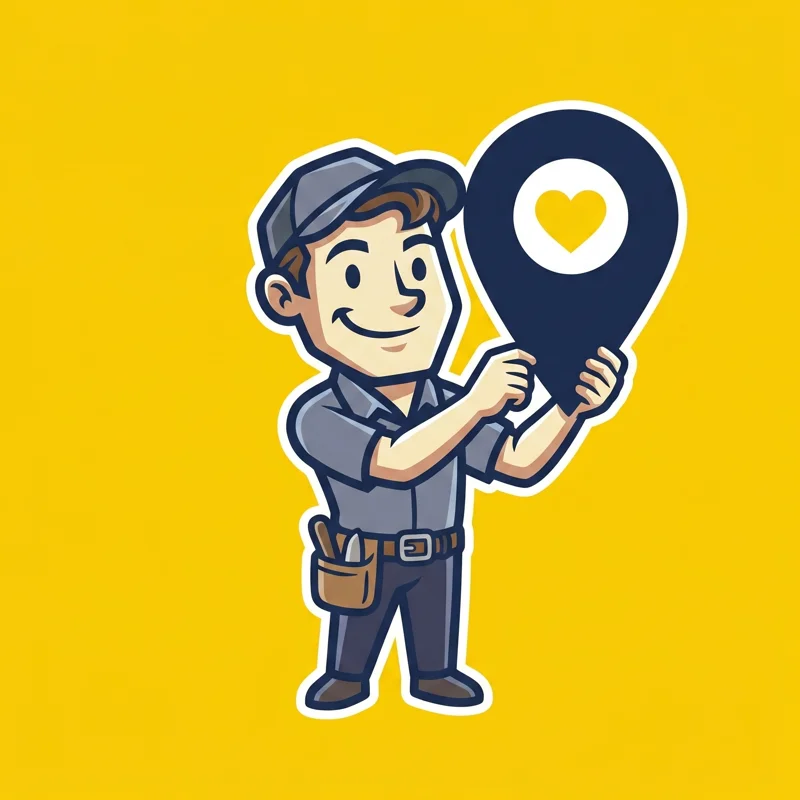 TradesMen Chimney mascot holding a navy location pin with a heart inside