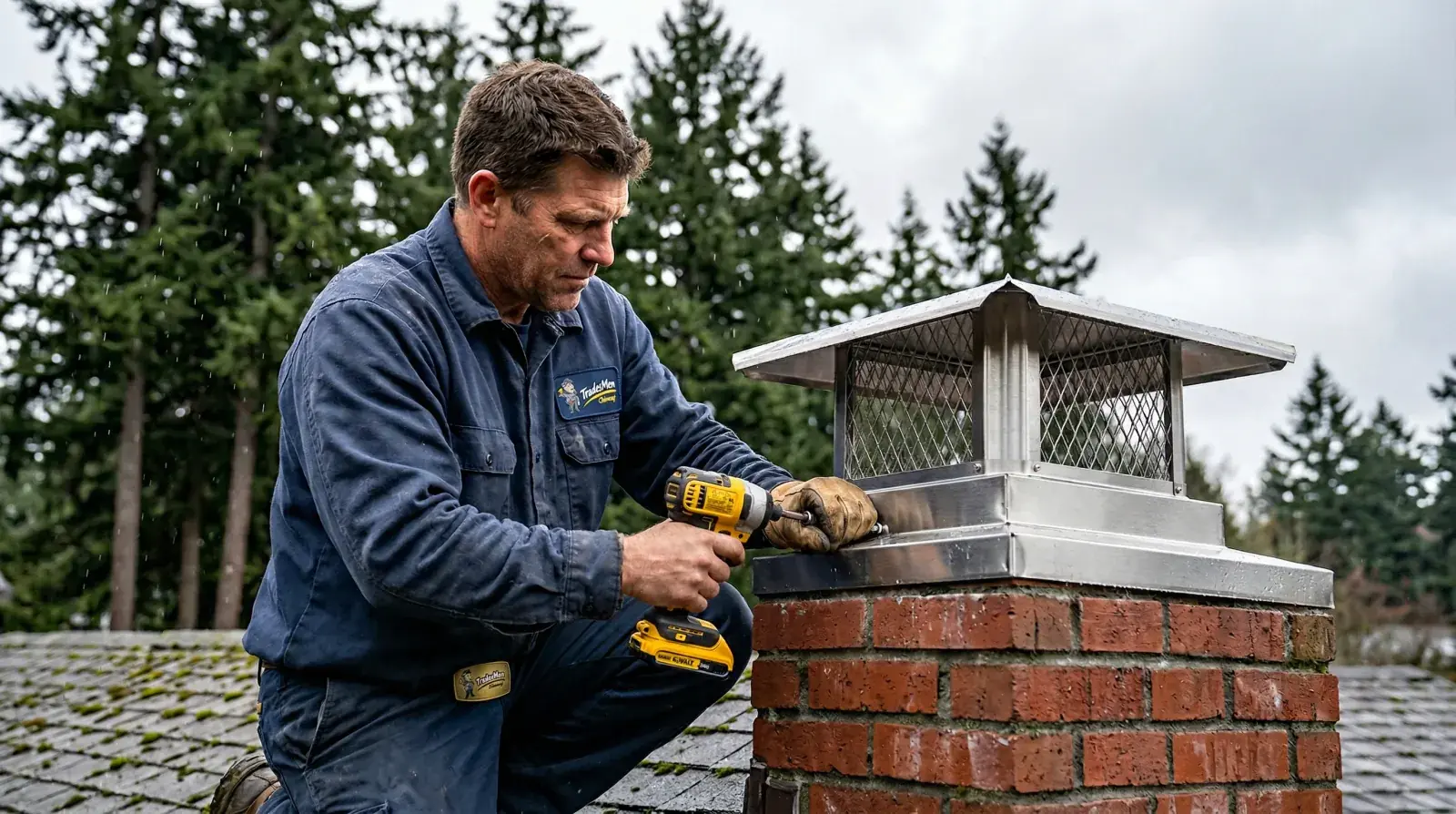 TradesMen Chimney technician installing a brushed stainless steel multi flue chimney cap on a red brick chimney