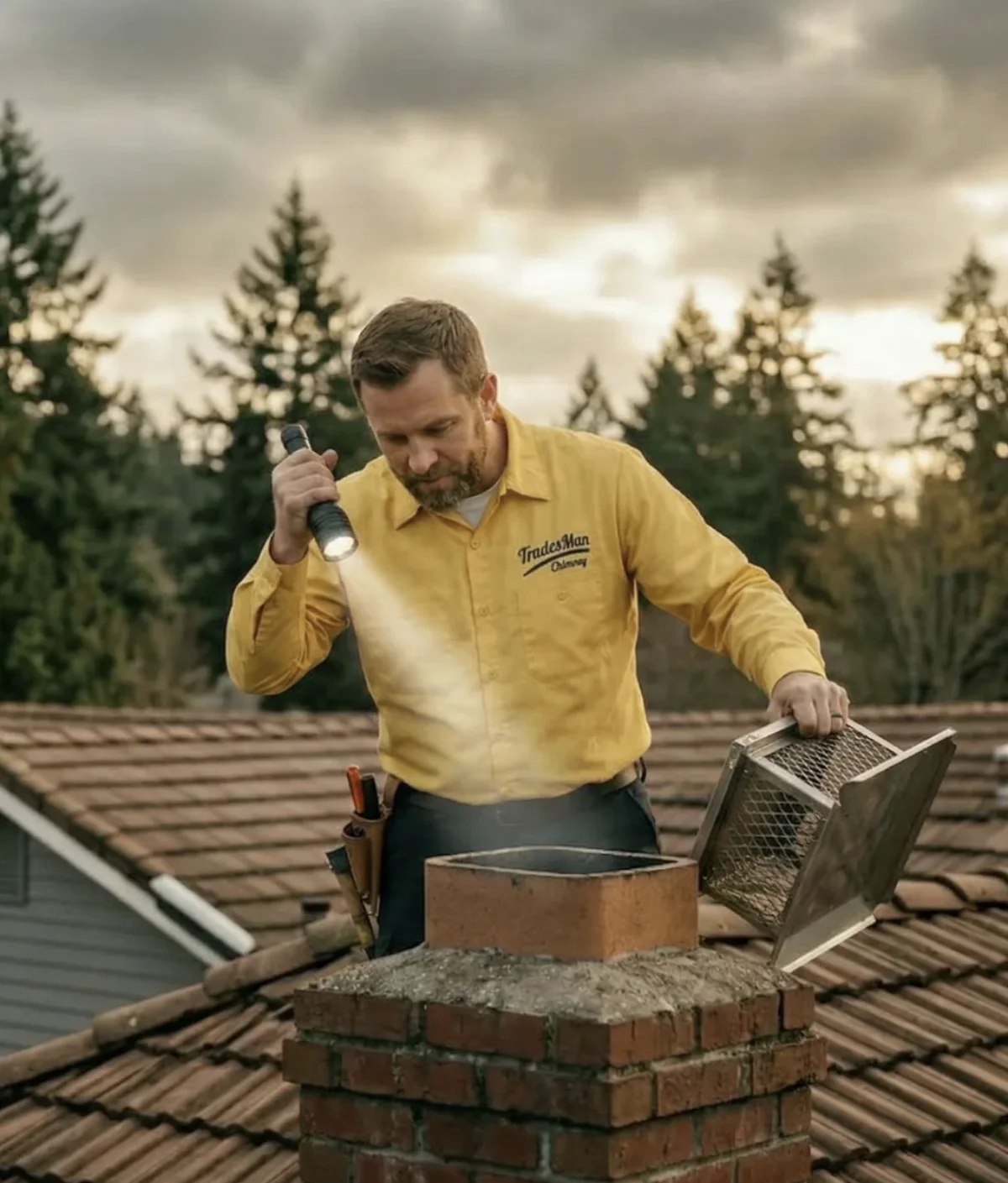 TradesMen Chimney sweep in uniform cleaning a red brick chimney with a rotary brush on a rooftop in the Portland metro