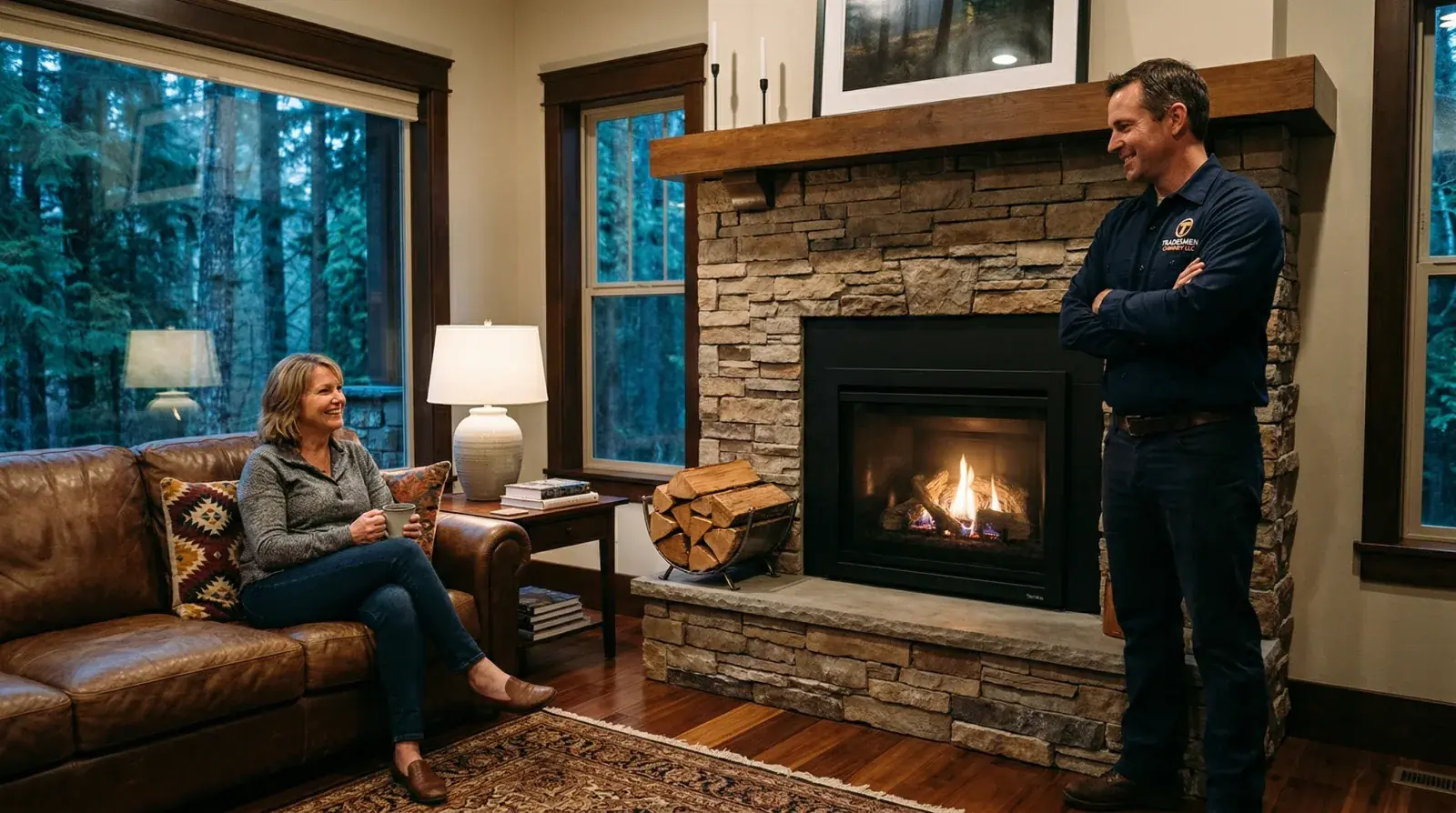 TradesMen Chimney technician and a homeowner admiring a newly installed gas fireplace insert in a Pacific Northwest craftsman living room