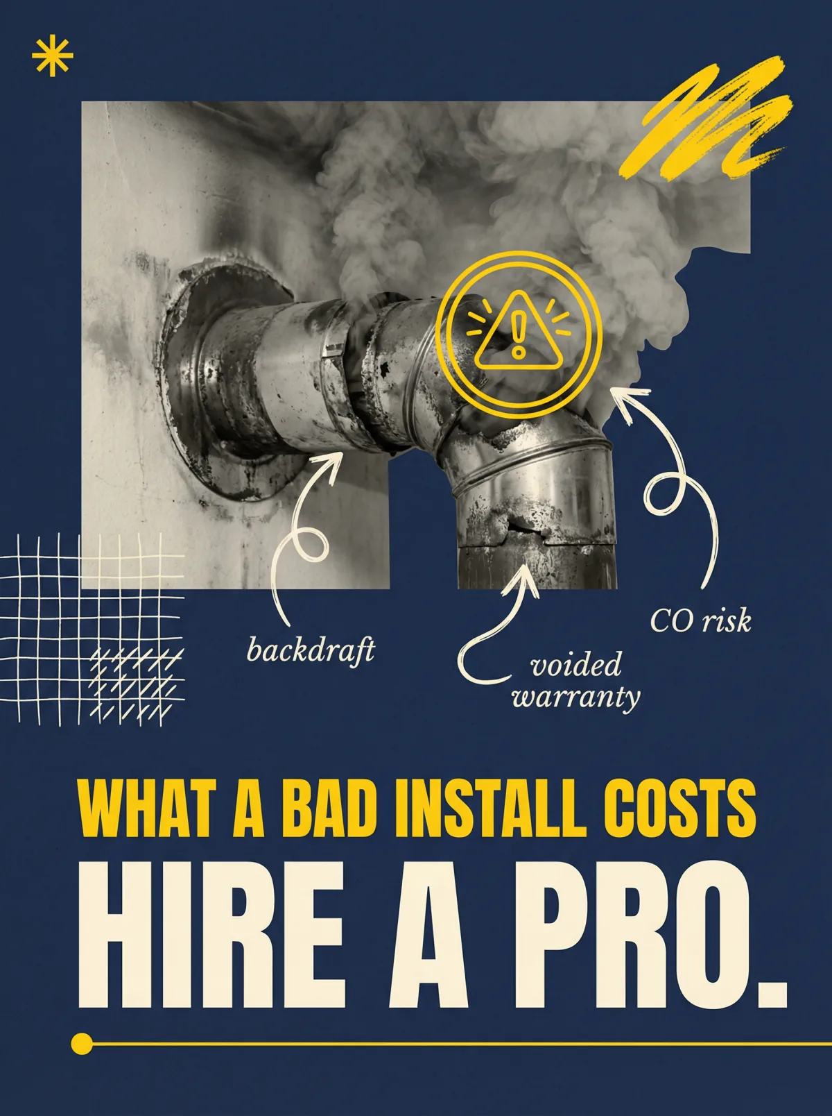 Editorial poster illustrating the hidden costs of a bad fireplace install