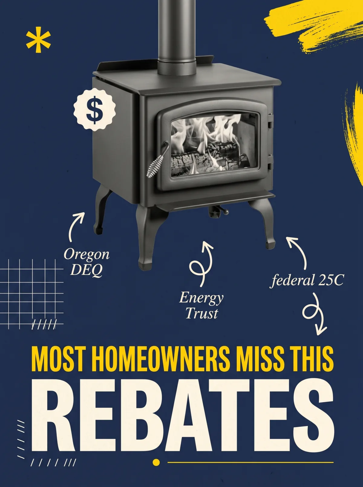 Editorial poster of Oregon DEQ and Energy Trust of Oregon fireplace rebates