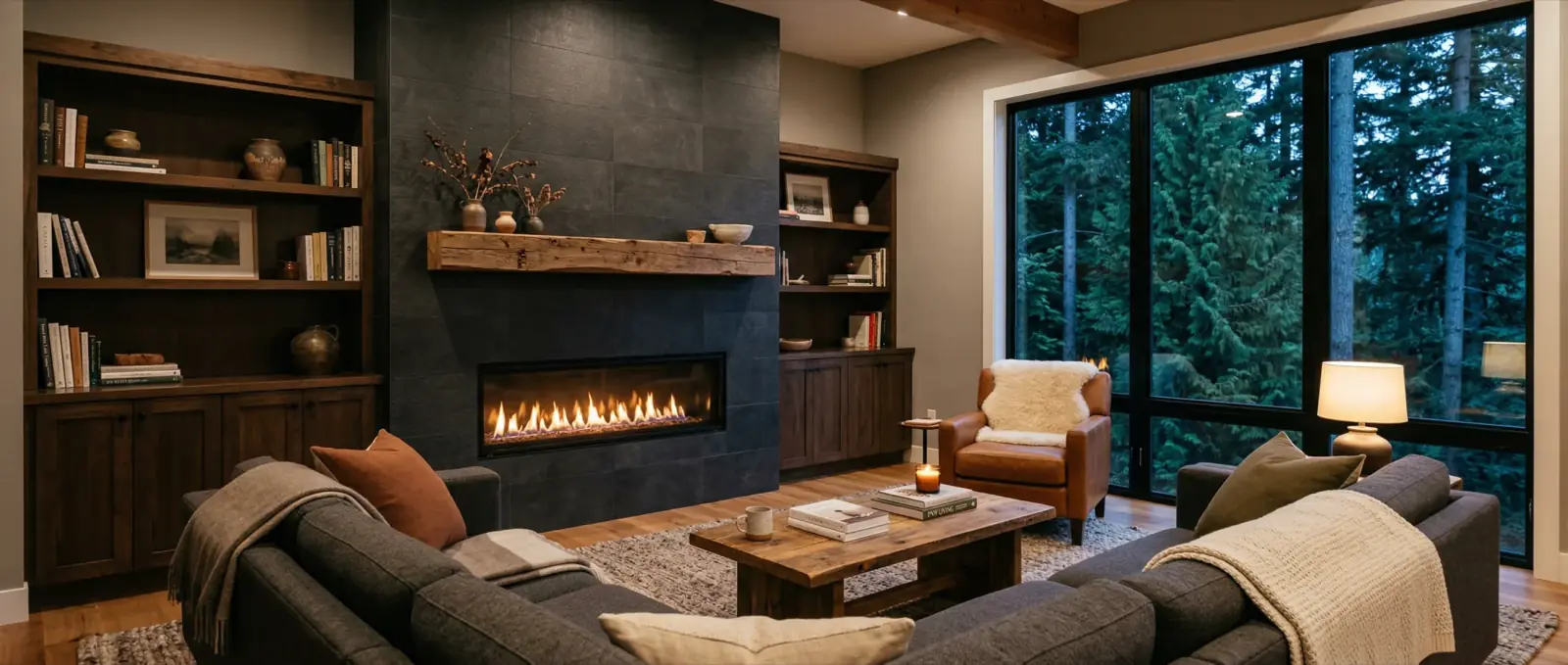 Finished living room with newly installed linear gas fireplace, custom tile hearth, and reclaimed wood mantle