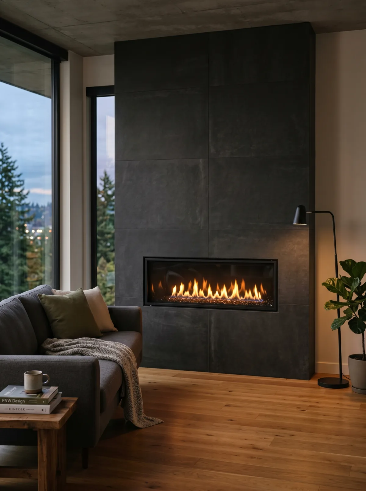 Modern linear gas fireplace with glass media installed in a Portland metro home