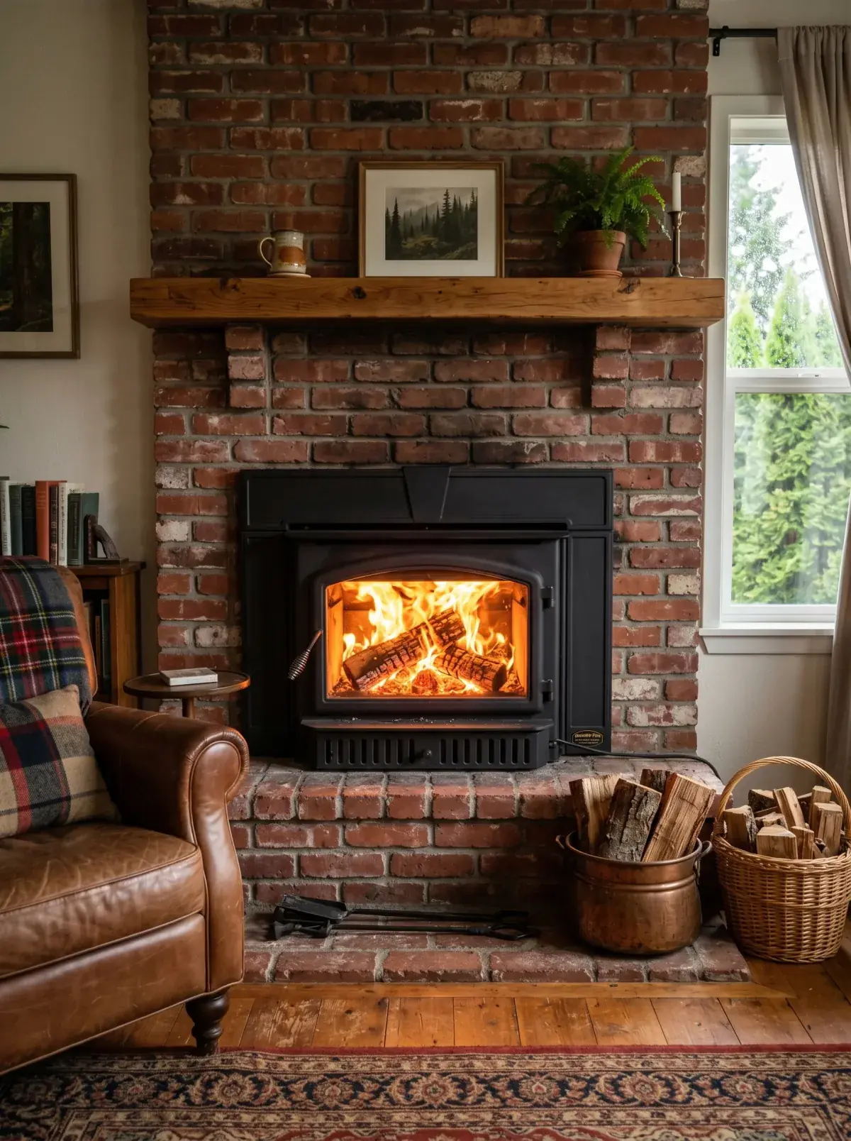 High-efficiency wood insert retrofitted into an existing masonry fireplace