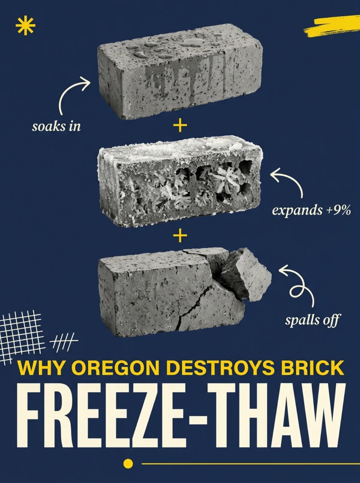 Diagram of the freeze-thaw cycle expanding water inside a brick chimney