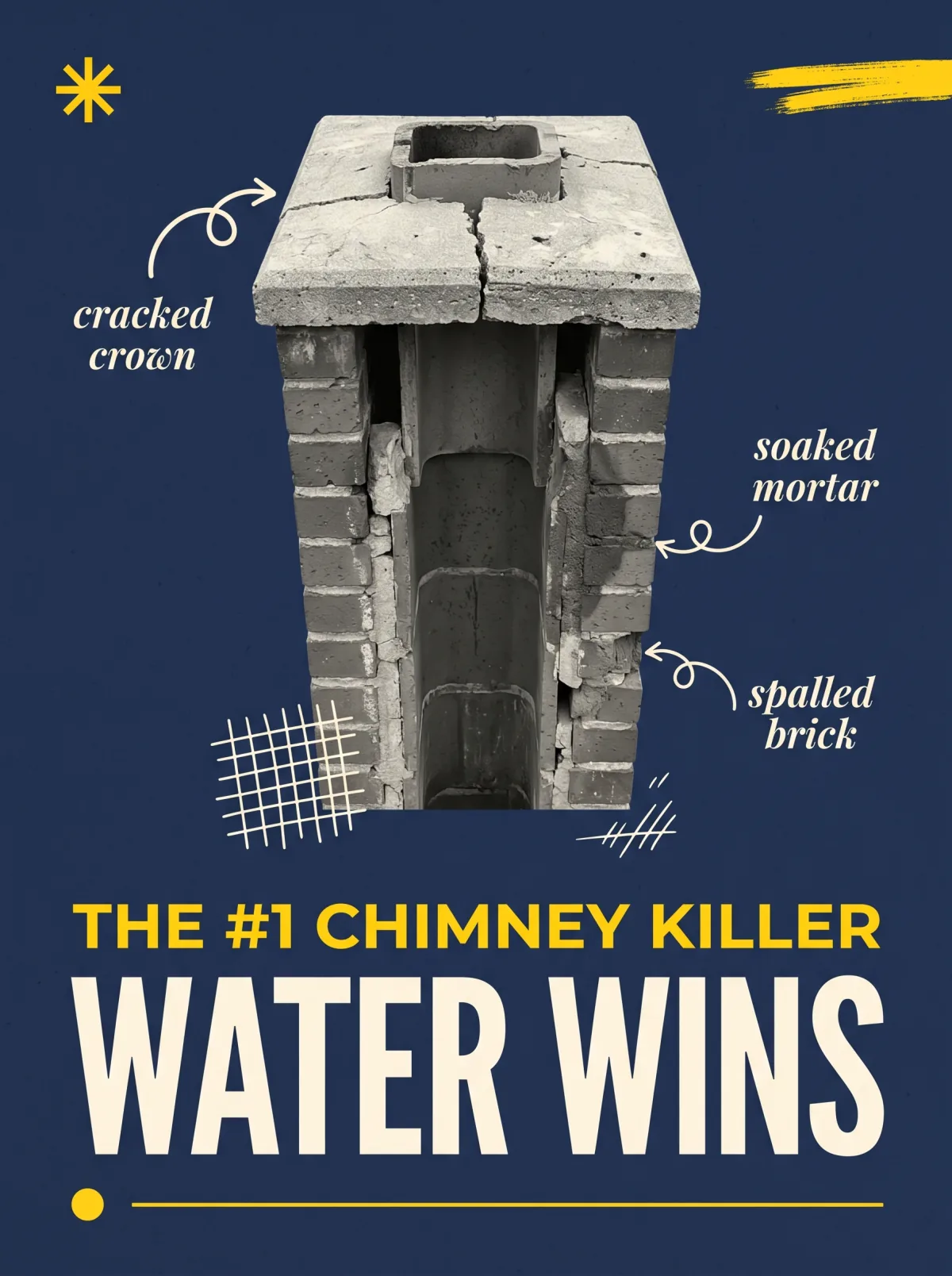 Cutaway illustration showing how water infiltrates a cracked chimney crown and spalls brick through freeze-thaw cycles