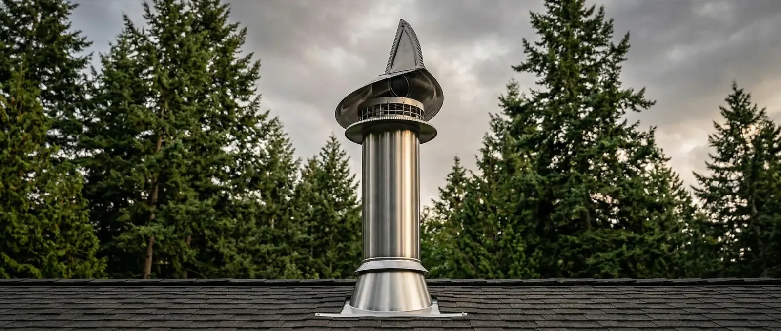 New stainless steel Class A chimney pipe with cap and storm collar installed above the roofline of a Portland metro home