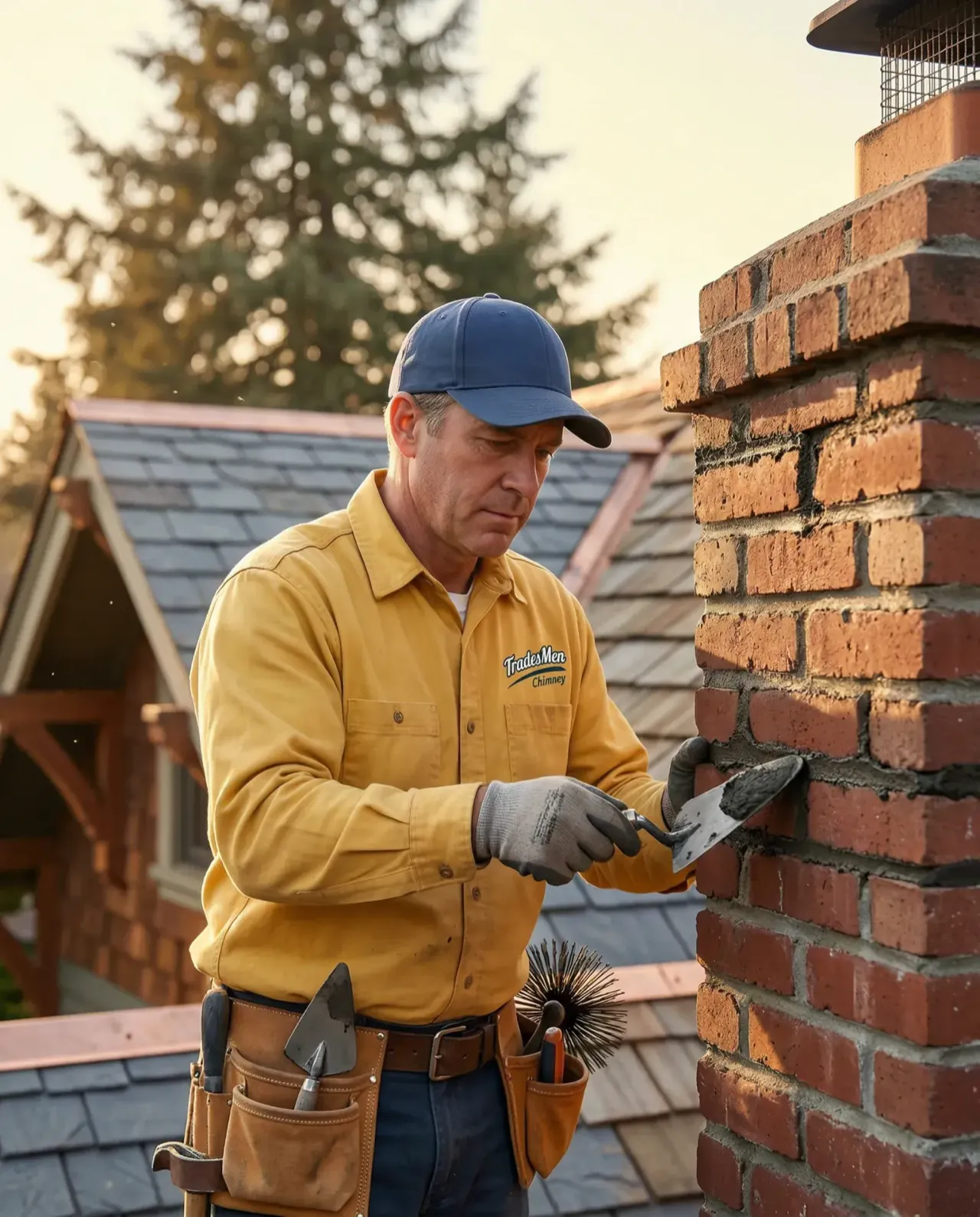 Licensed mason tuckpointing chimney mortar joints Licensed mason tuckpointing chimney mortar joints