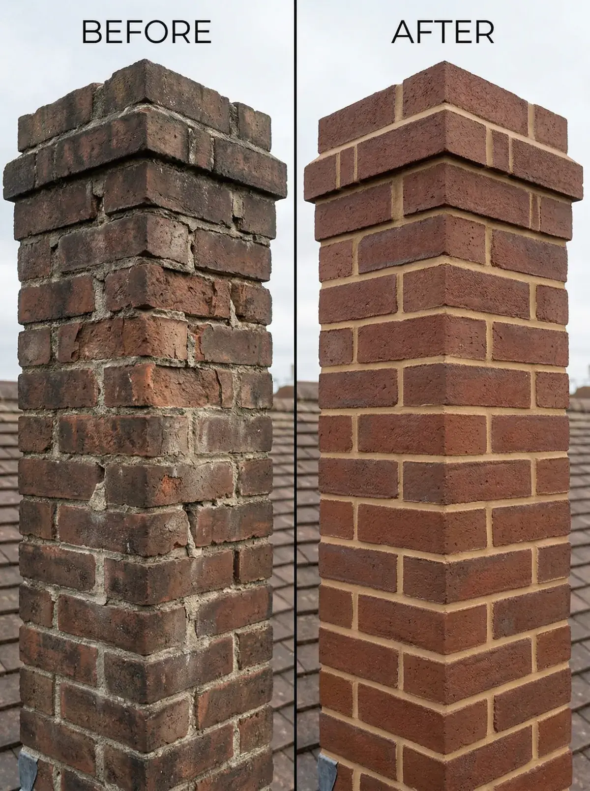 Before and after photos of tuckpointed mortar joints on a brick chimney