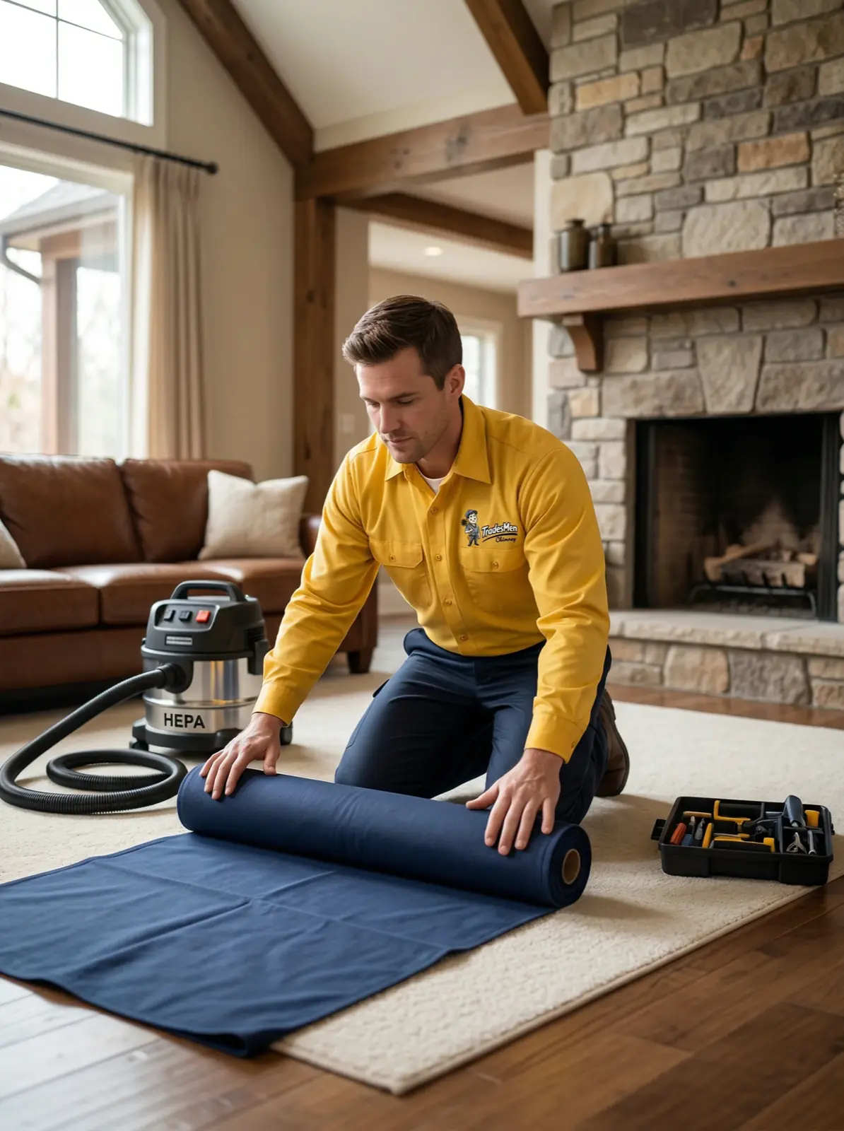 TradesMen Chimney technician laying down navy drop cloths before starting work
