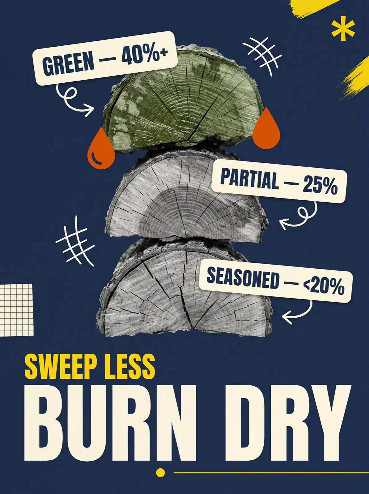 Wood seasoning guide showing green, partial, and seasoned firewood