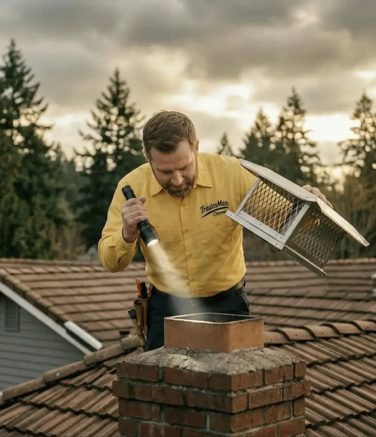 Chimney sweep technician on rooftop at golden hour Chimney sweep technician on rooftop at golden hour