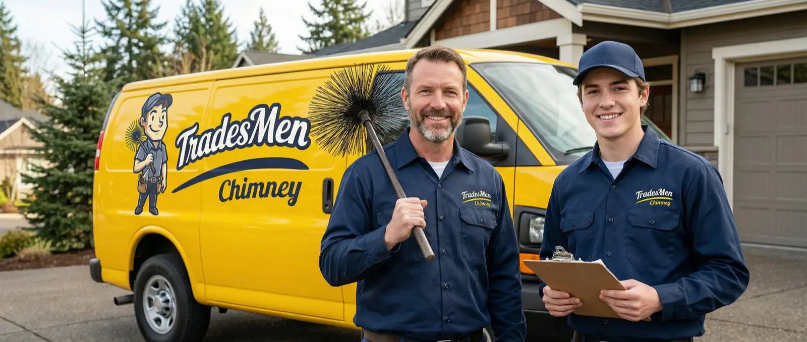 TradesMen Chimney crew standing in front of the yellow branded service van in a Portland metro driveway