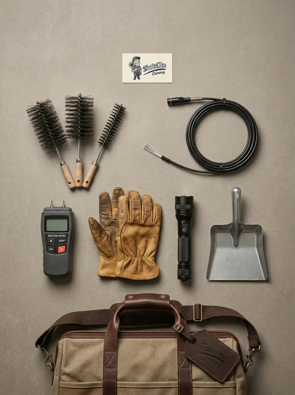 TradesMen Chimney professional tool kit flat-lay with brushes, inspection camera, and moisture meter