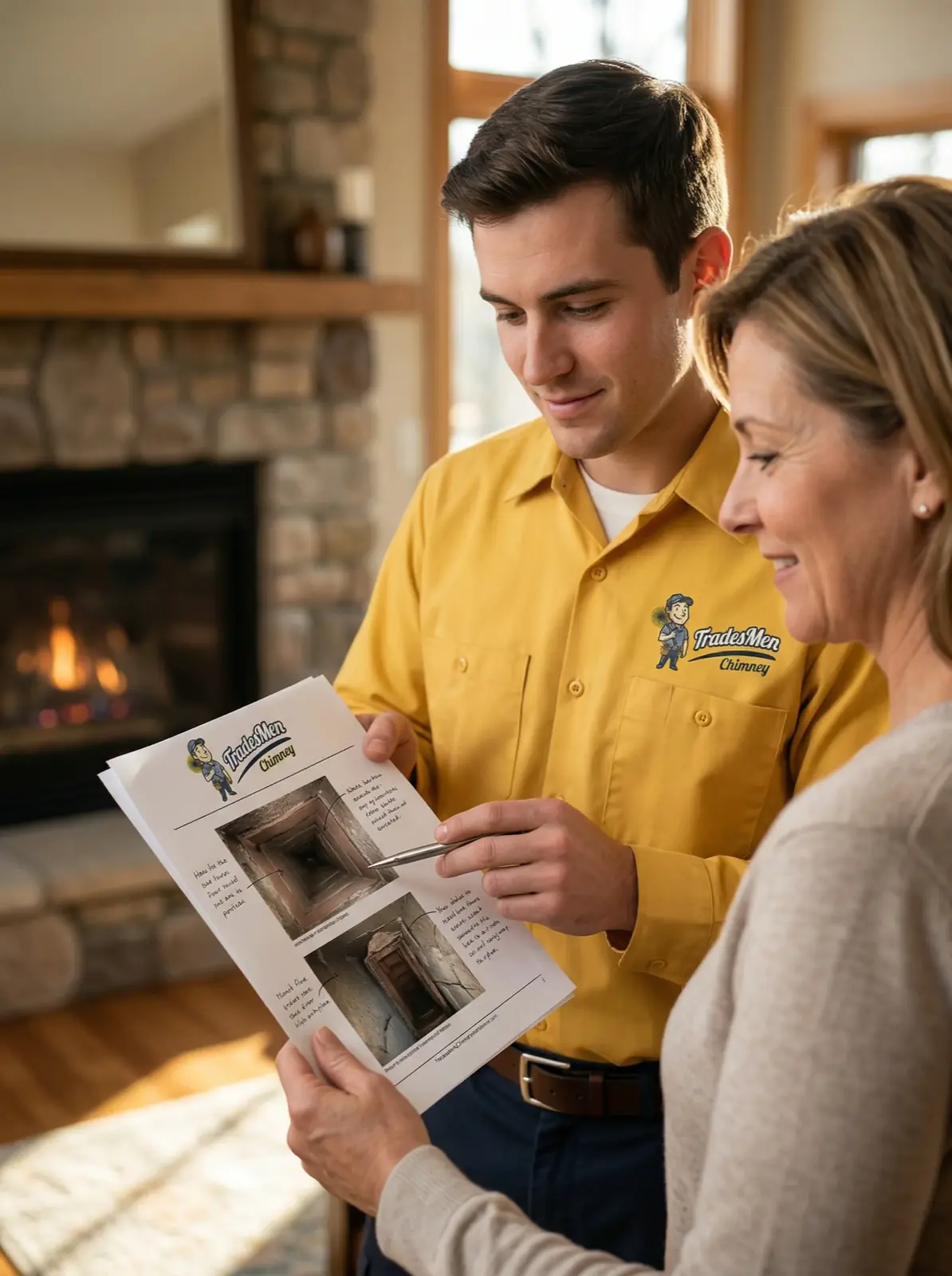 TradesMen Chimney technician reviewing a printed inspection report with a homeowner